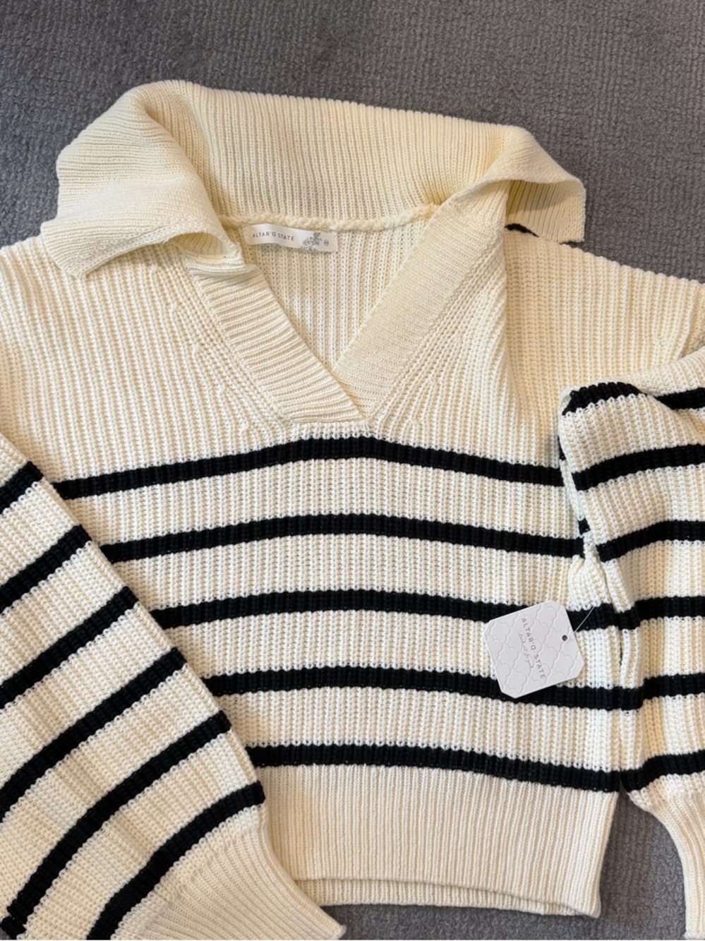 Altar'd State Cream and Black Striped V-Neck Collared Sweater